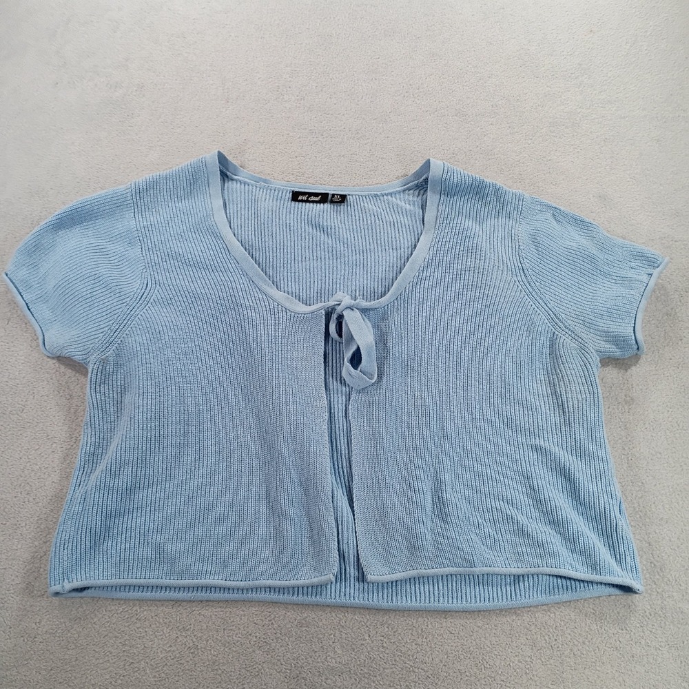 Wet Seal Womens Cropped Cardigan Blue XL Short Sleeve Tie Front Knit